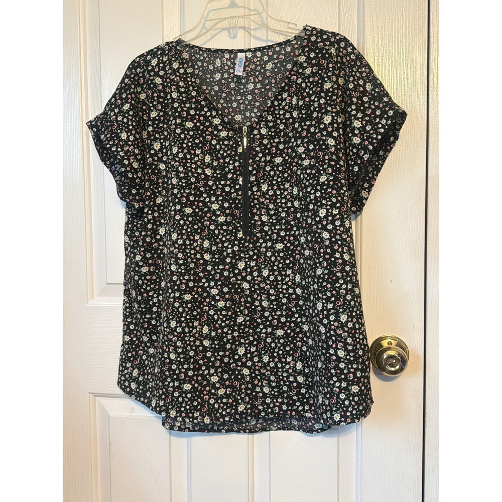 VIISHOW Womens XL Black Ditsy Floral Zipper V-Neck Short Sleeve Blouse Top